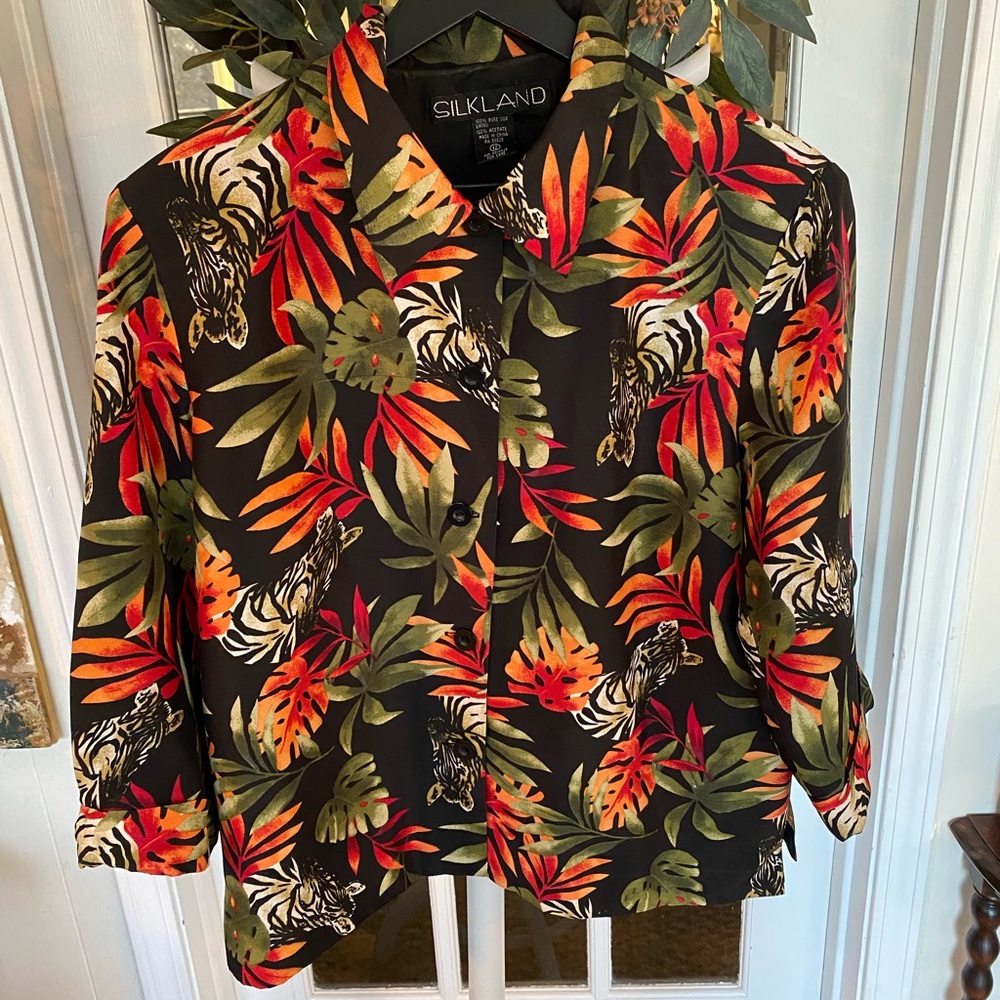 Vintage Silkland Silk Tropical Zebra Animal Print Shacket 12